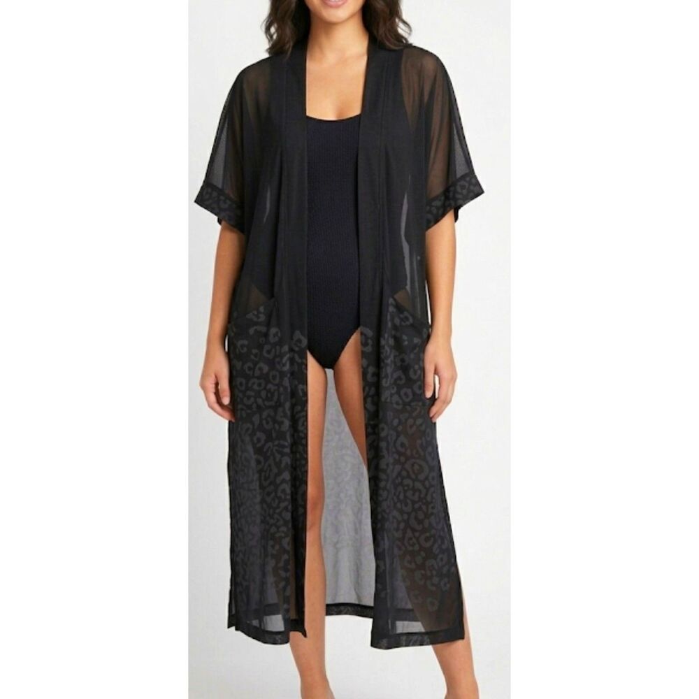 Rachel Zoe Polyester Sheer Leopard Print Duster Kimono Black One Size Versatile